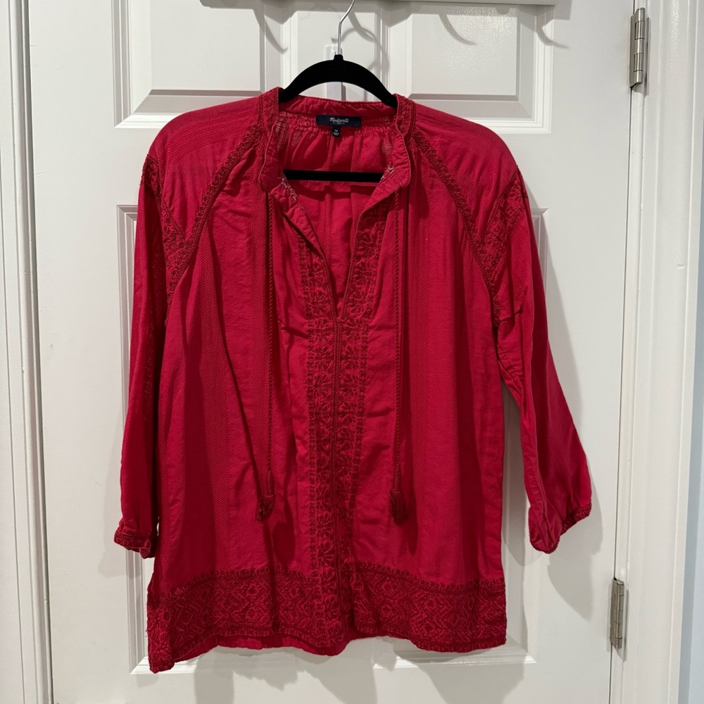 Madewell Red Mandarin Collar Relaxed Blouse